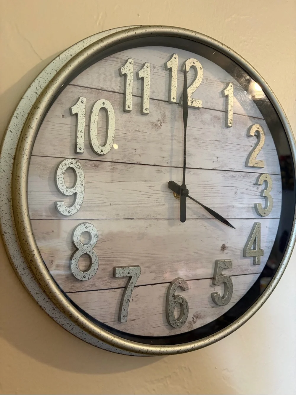 Farmhouse Wood-Style Wall Clock with Distressed Silver Frame
